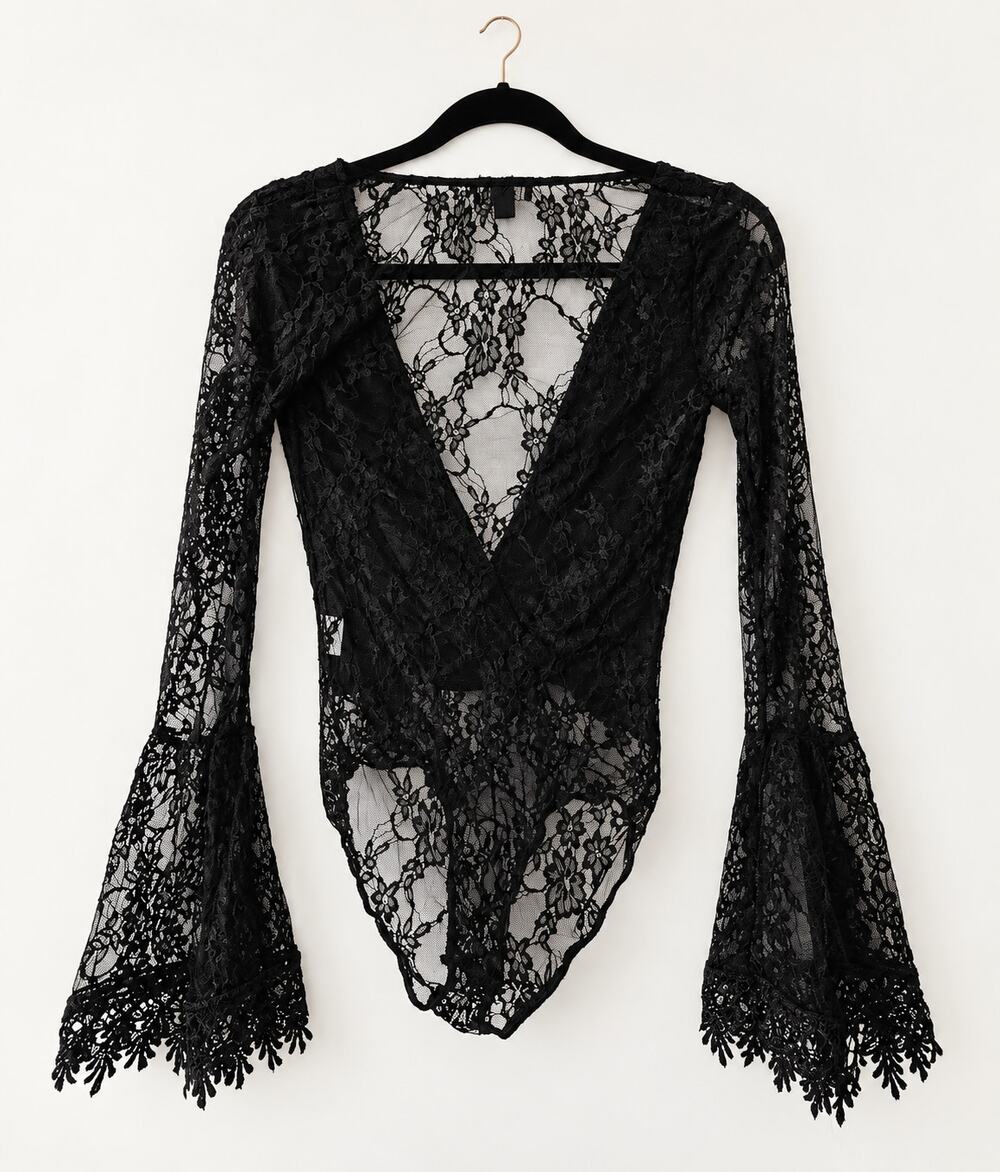 Timing Black Floral Lace Bell Sleeve Bodysuit